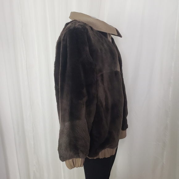 Reversible leather and faux fur coat taupe brown large unique heavy gorgeous - Picture 9 of 11
